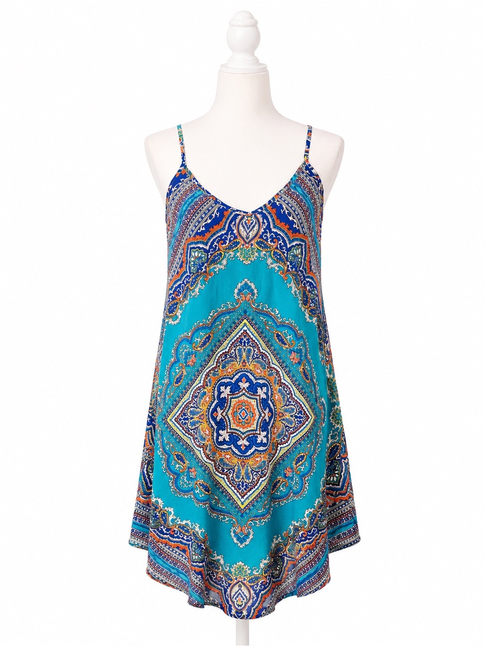 BeBop Turquoise & Navy Paisley Spaghetti-Strap Mini Dress